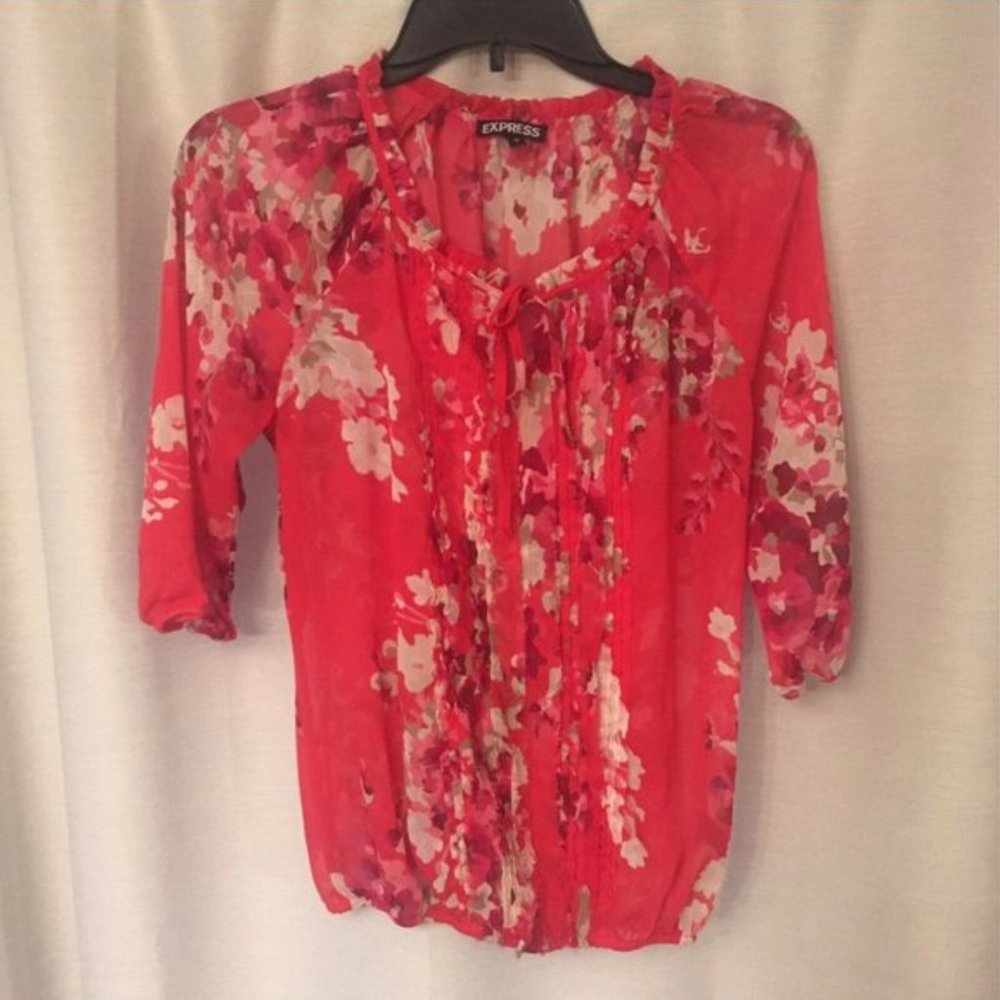 Express Pink Red Sheer Ruffle Front Blouse - Picture 2 of 4
